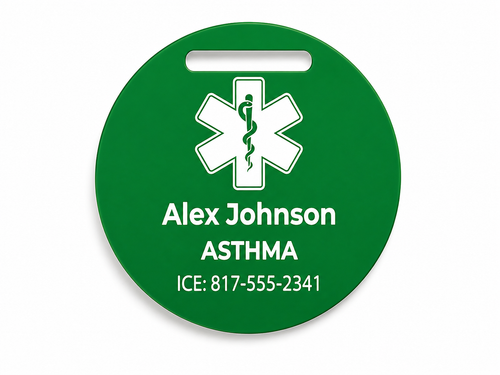 Green medical alert tag with a symbol and personalized text on a white background