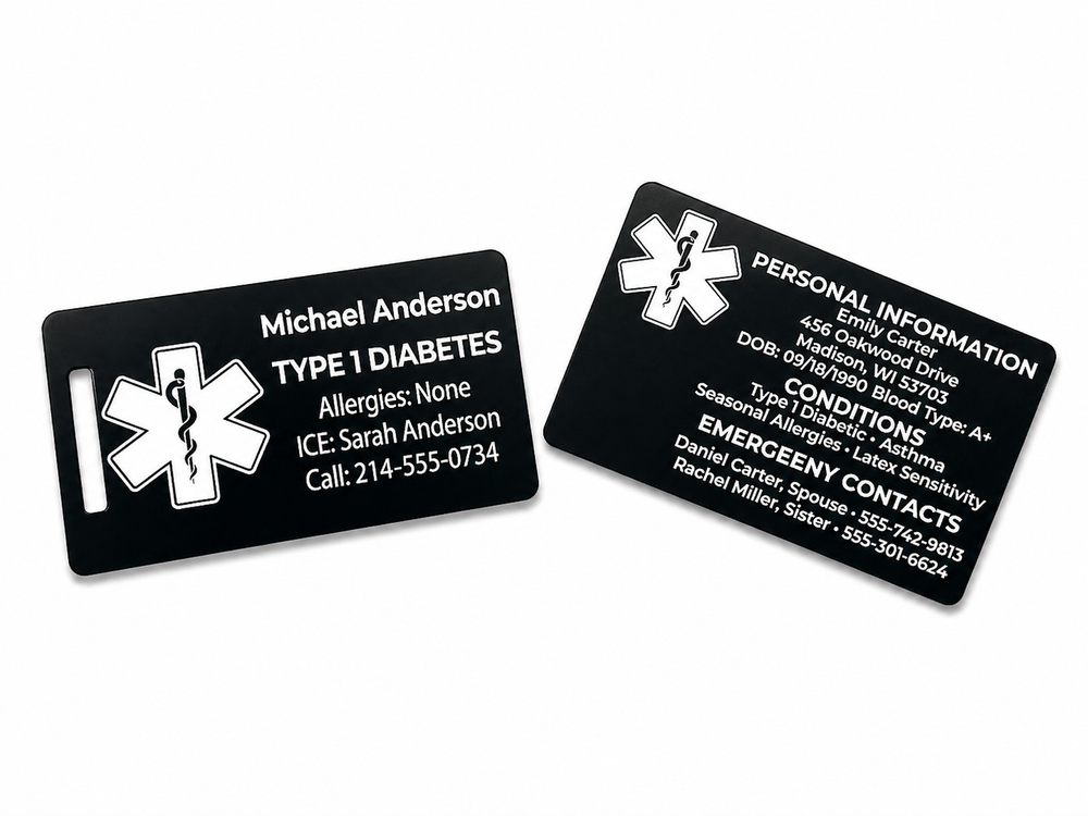 Two black medical ID cards with white text and symbols on a white background