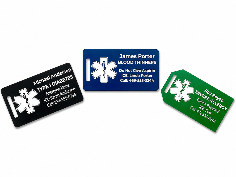 Three medical alert tags in black, blue, and green on a white background