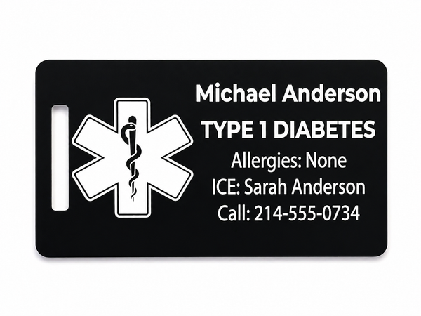 Black medical ID tag with white text and symbol on a white background