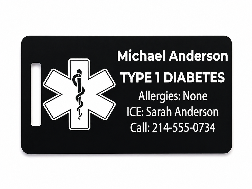Black medical ID tag with white text and symbol on a white background