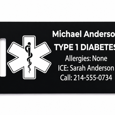 Black medical ID tag with white text and symbol on a white background
