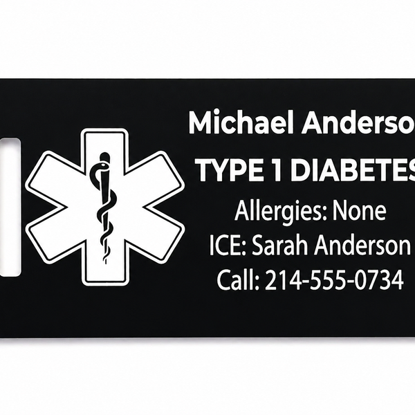 Black medical ID tag with white text and symbol on a white background