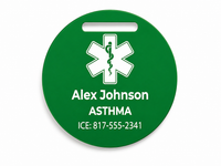Green medical alert tag with a symbol and personalized text on a white background