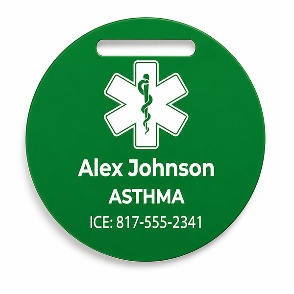 Green medical alert tag with a symbol and personalized text on a white background
