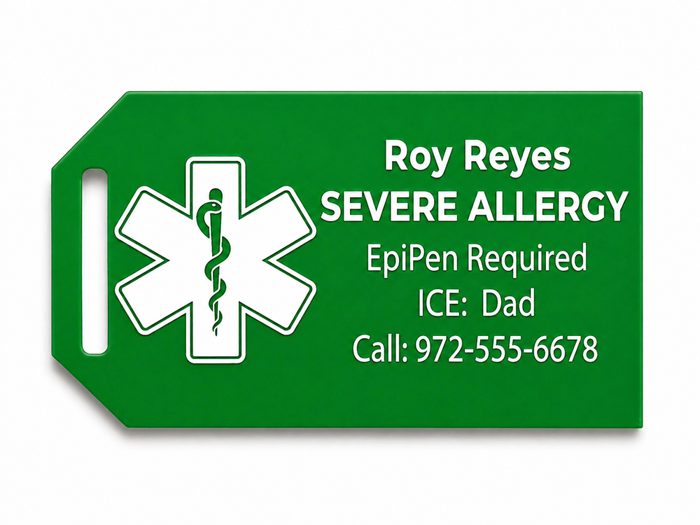 Green medical alert tag with emergency contact information on a white background