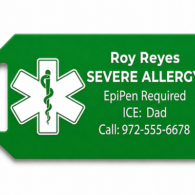 Green medical alert tag with emergency contact information on a white background