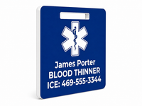 Blue medical alert identification tag with a star of life symbol and personalized text on a white background.