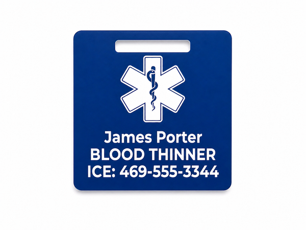 Blue medical alert tag with a star of life symbol and personalized text on a white background