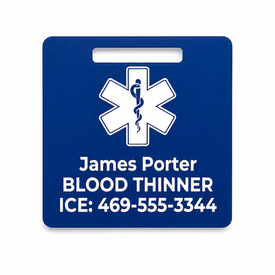 Blue medical alert tag with a star of life symbol and personalized text on a white background