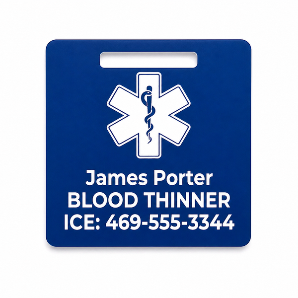 Blue medical alert tag with a star of life symbol and personalized text on a white background