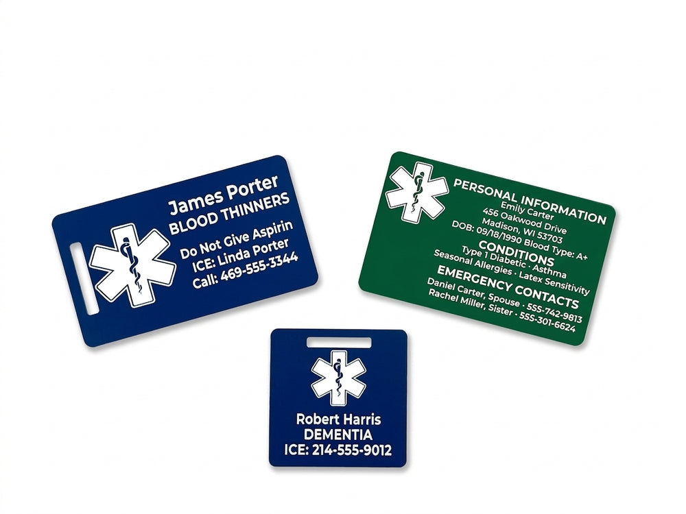 Three medical alert badges with different colors and text on a white background