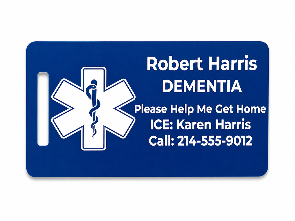 Blue medical ID tag with white text and star of life symbol for Robert Harris with dementia.