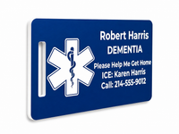 Blue medical alert tag with star of life symbol and personalized information on a white background