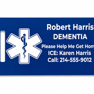 Blue medical ID tag with white text and star of life symbol for Robert Harris with dementia.