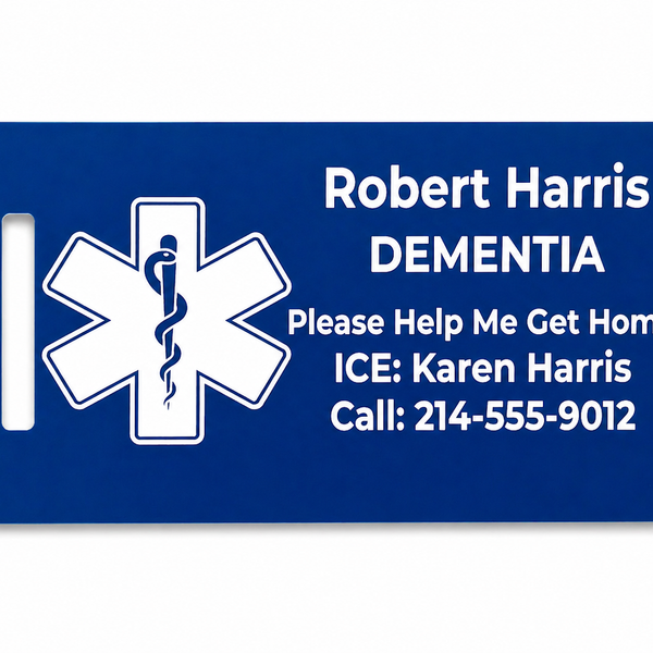 Blue medical ID tag with white text and star of life symbol for Robert Harris with dementia.