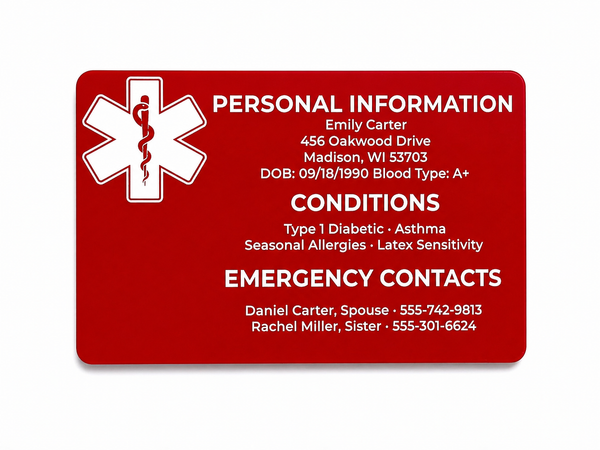Red emergency information card with white text and medical symbol on a white background