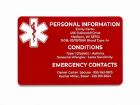 Red emergency information card with white text and medical symbol on a white background