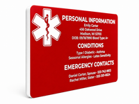 Red emergency contact card with medical symbol and personal information on a white background
