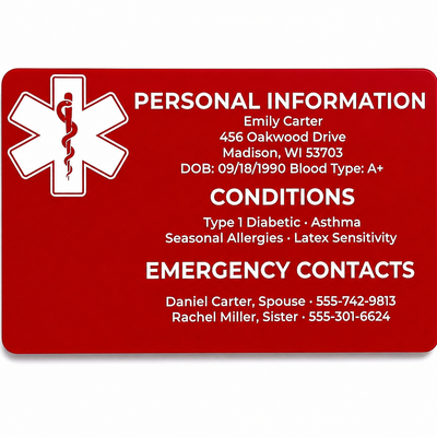Red emergency information card with white text and medical symbol on a white background