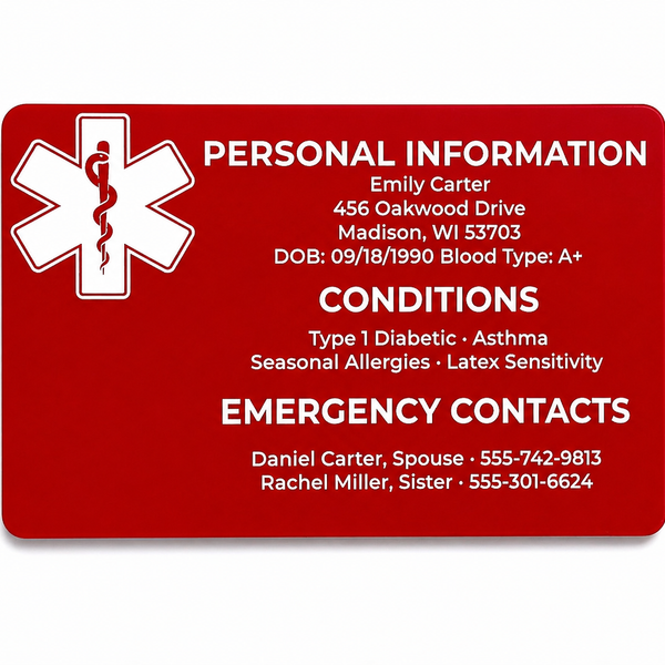 Red emergency information card with white text and medical symbol on a white background