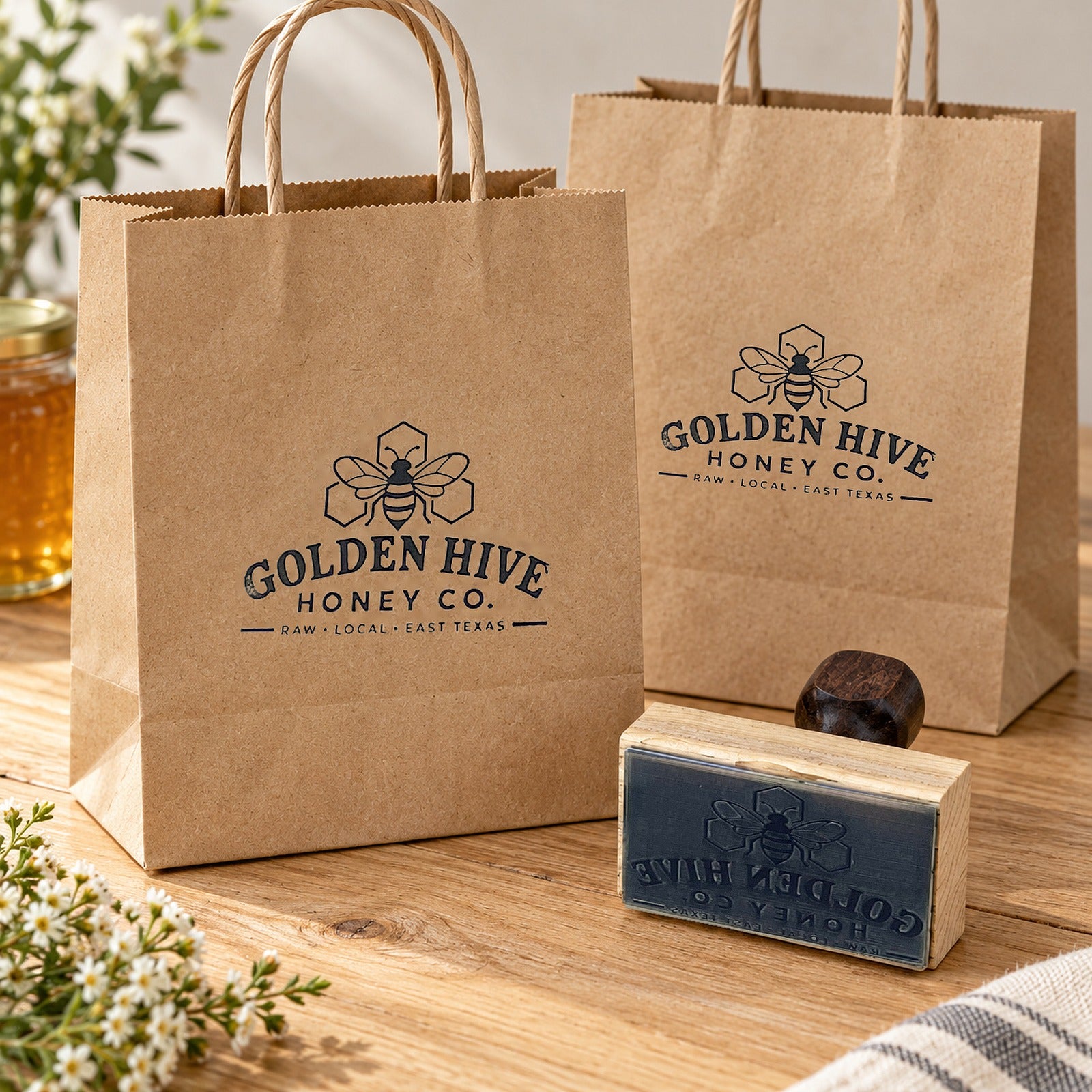 Kraft shopping bags stamped with the Golden Hive logo beside the logo stamp