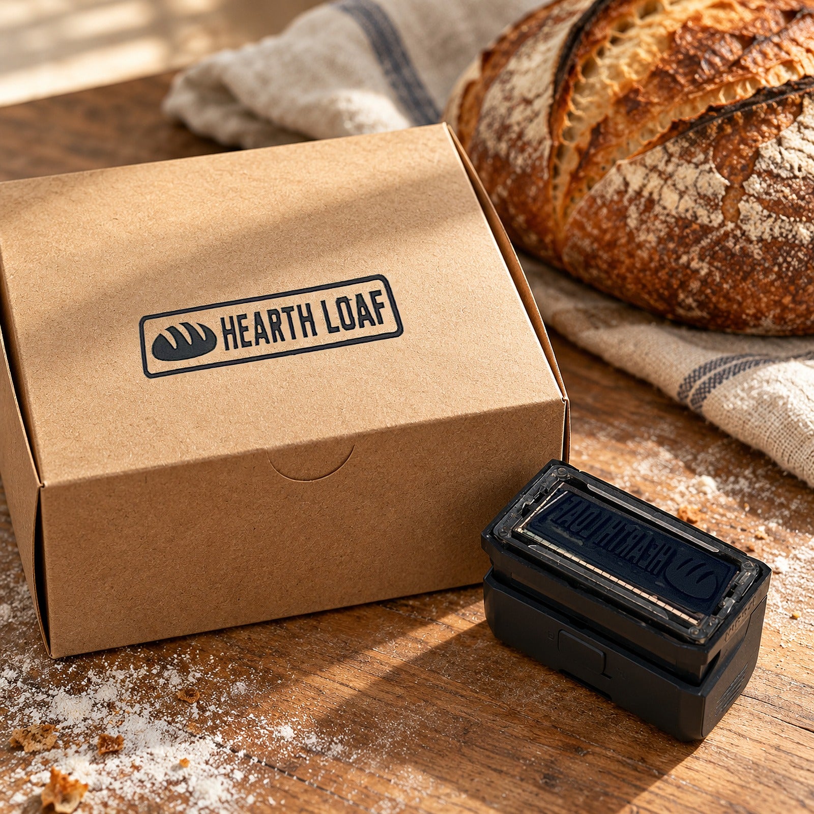 Kraft bakery box stamped with the Hearth Loaf logo, the self-inking stamp and a loaf of bread