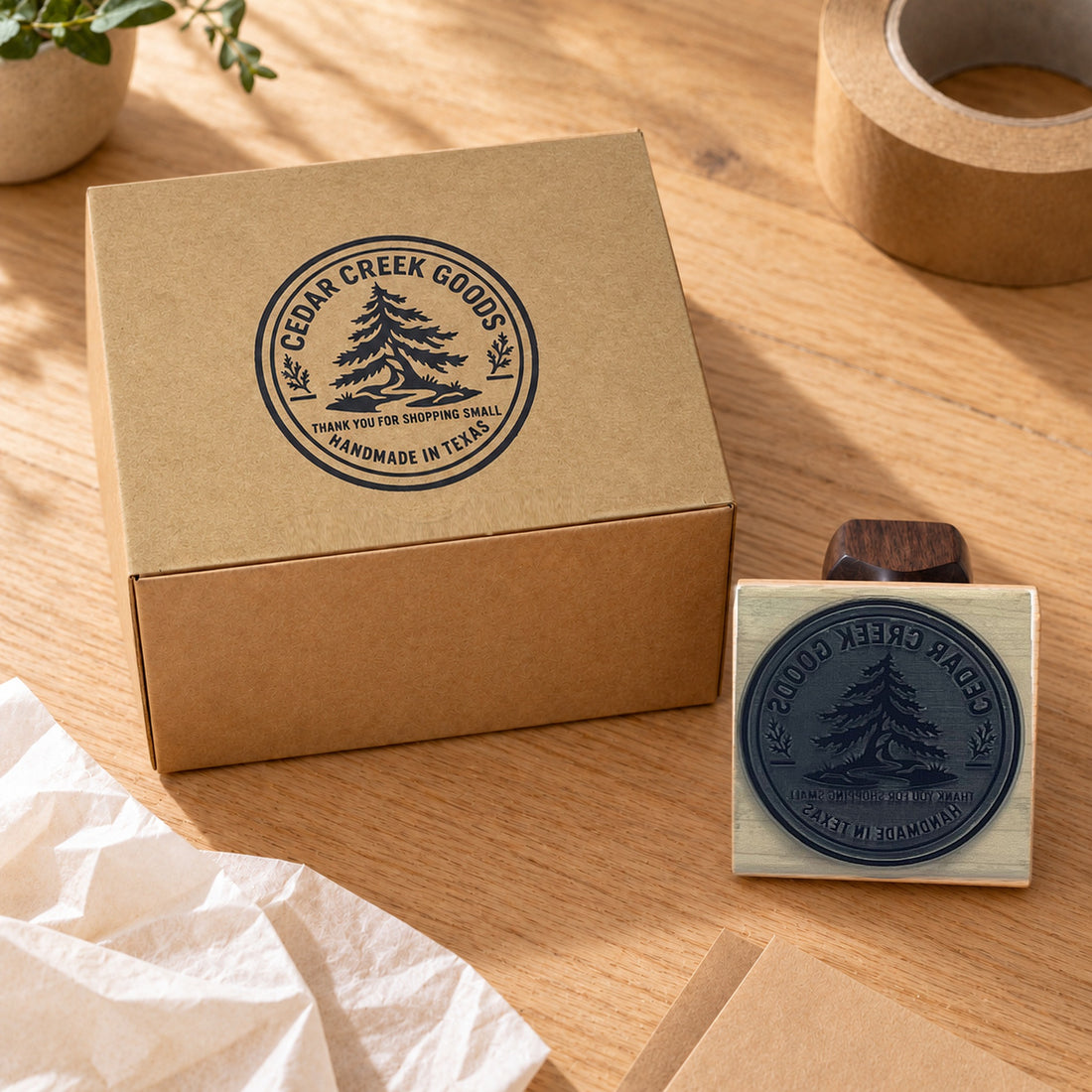 Custom logo stamped on a kraft shipping box beside the large wood-mounted stamp