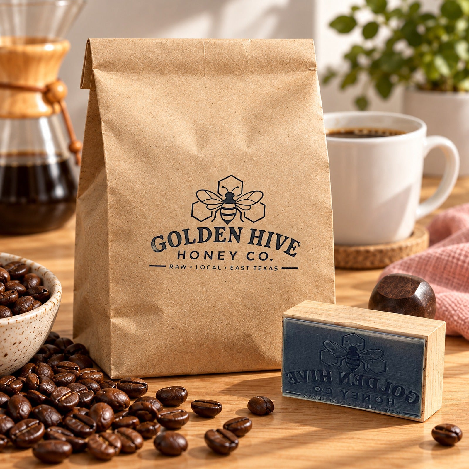 Kraft coffee bag stamped with the Golden Hive logo, with the stamp and roasted beans