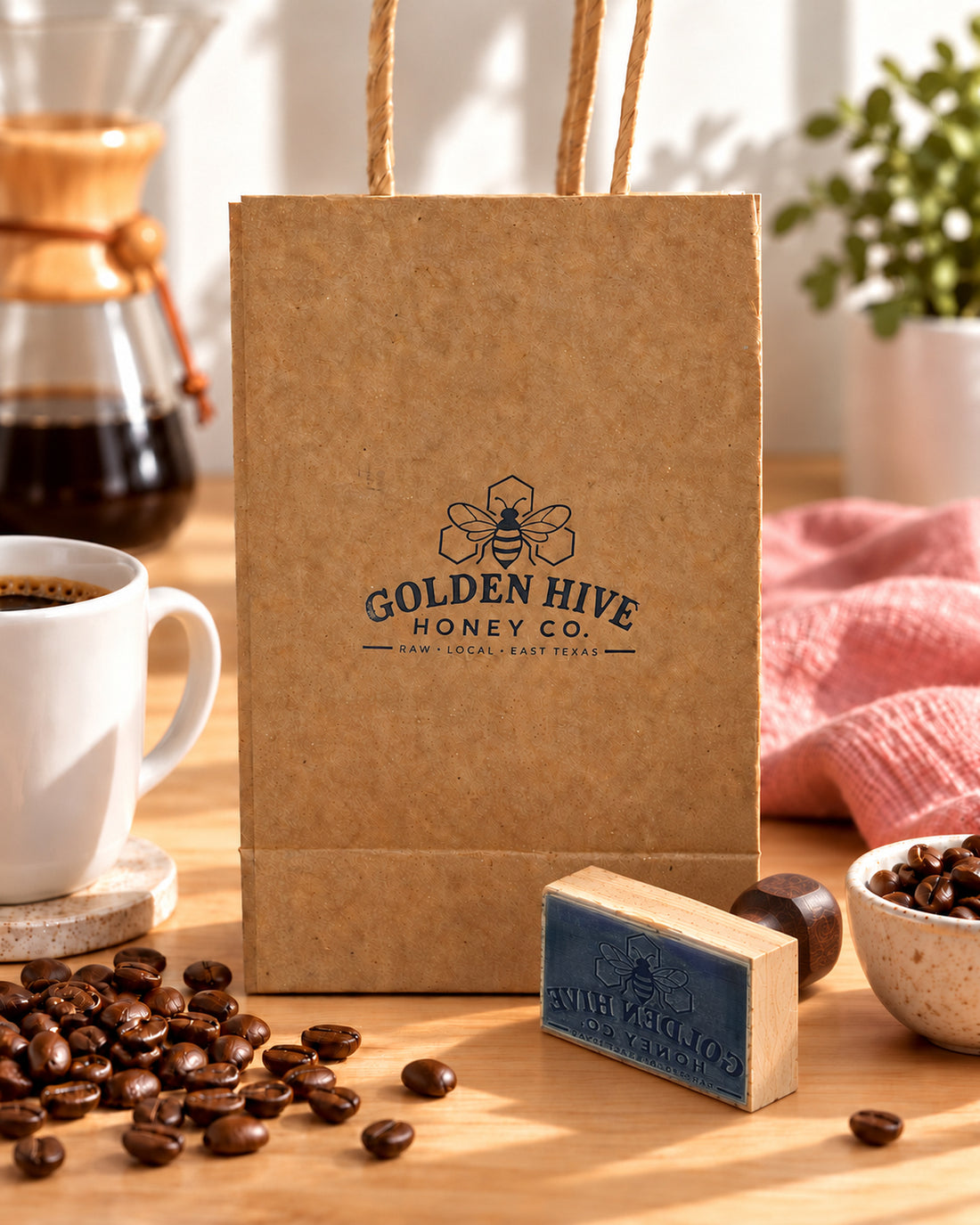 Kraft coffee bag stamped with the Golden Hive logo beside the logo stamp and a cup of coffee