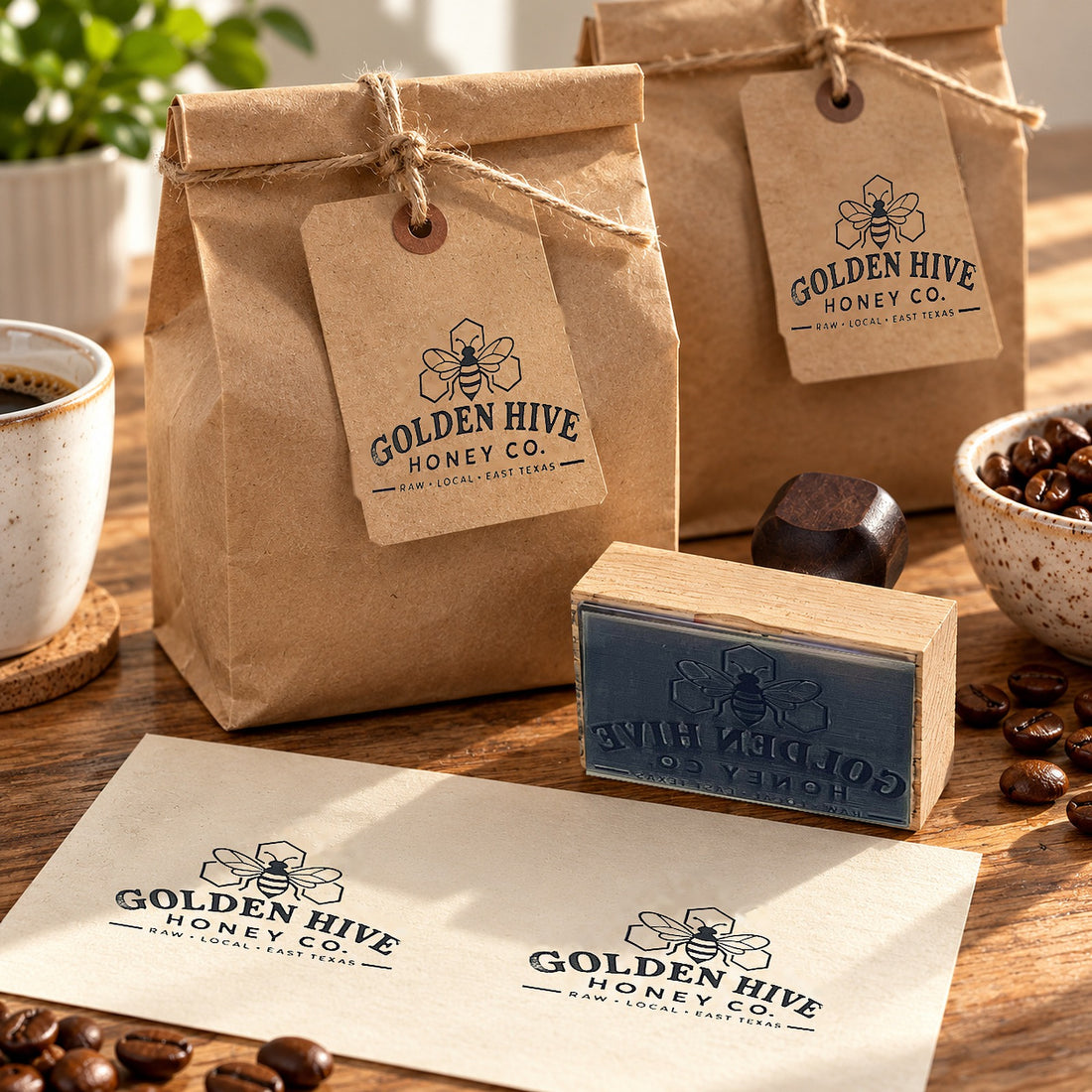 Kraft hang tags and labels stamped with the Golden Hive logo on coffee bags