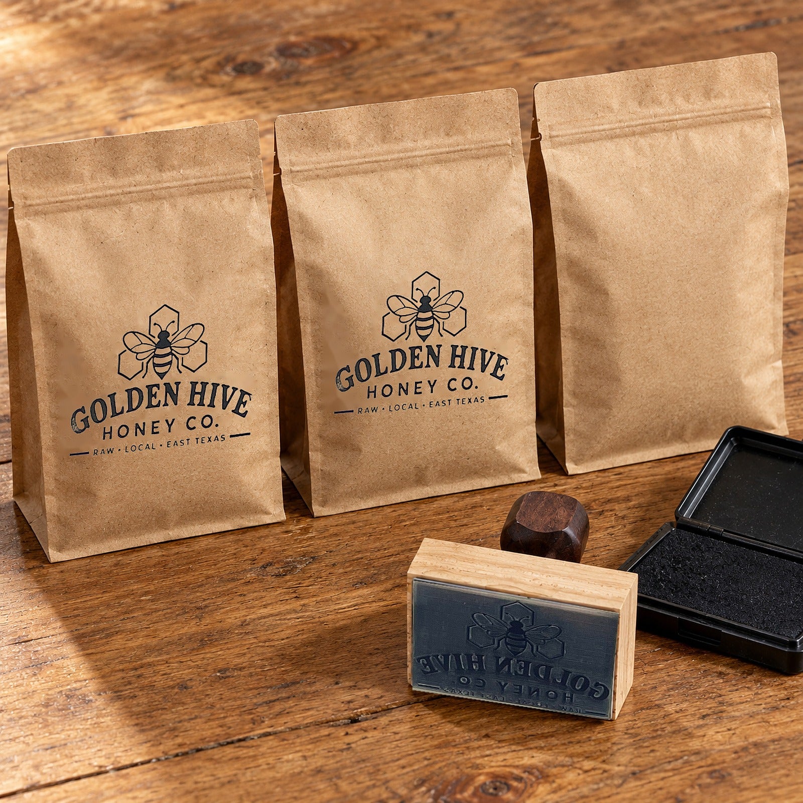 Golden Hive logo stamped on kraft bags, with the logo stamp and an ink pad ready for the next bag