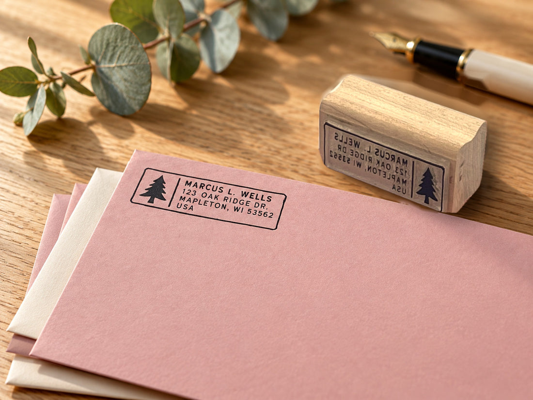 Custom return address stamp printed on a pink envelope
