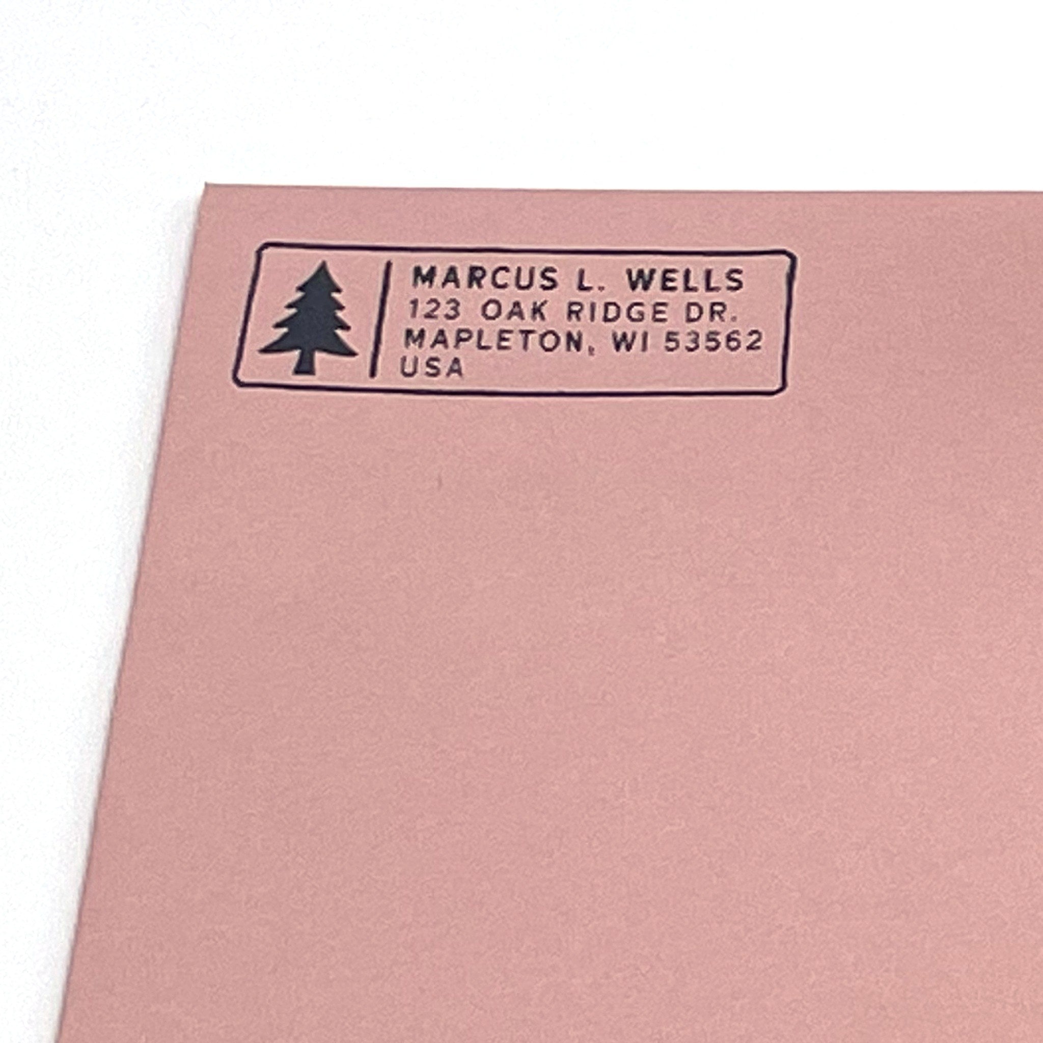Close-up of a return address stamped on a pink envelope