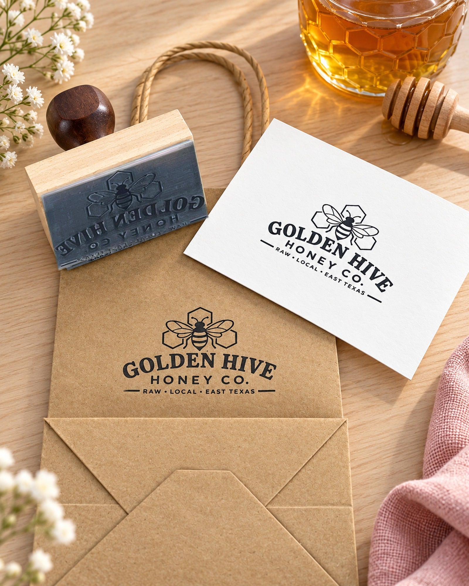 Wood-mounted custom rubber stamp with its logo printed on a kraft bag and business card