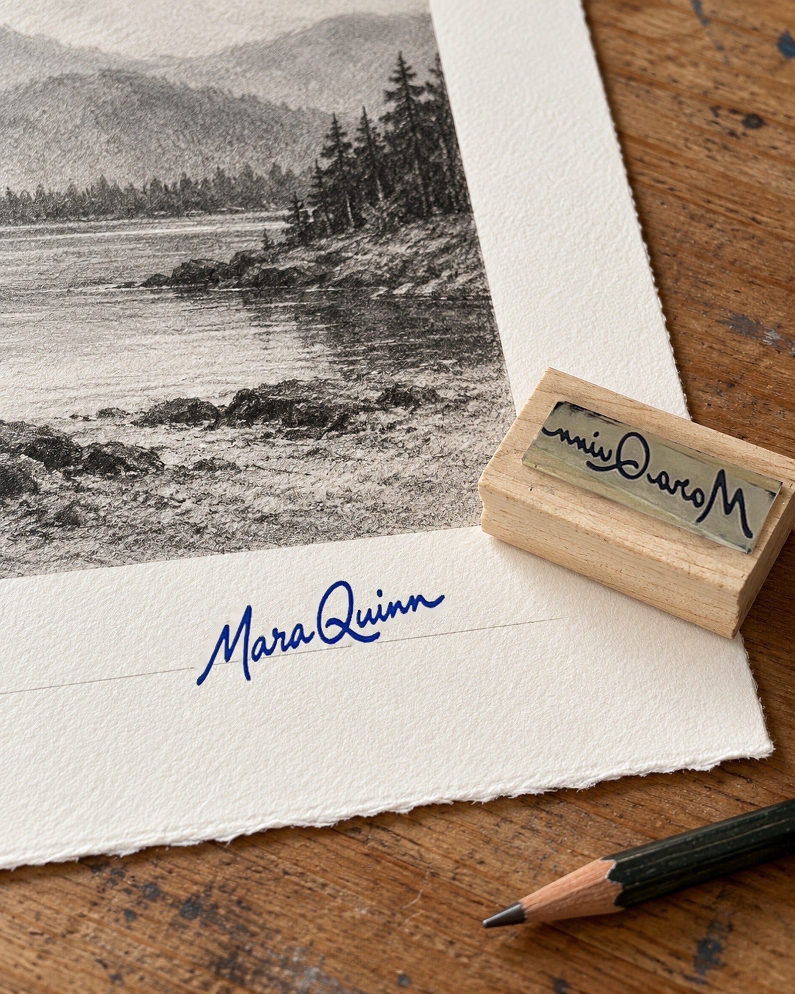 Mara Quinn signature stamped on a fine art print with the maple signature stamp