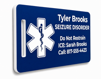 Blue medical alert tag with seizure disorder information on a white background