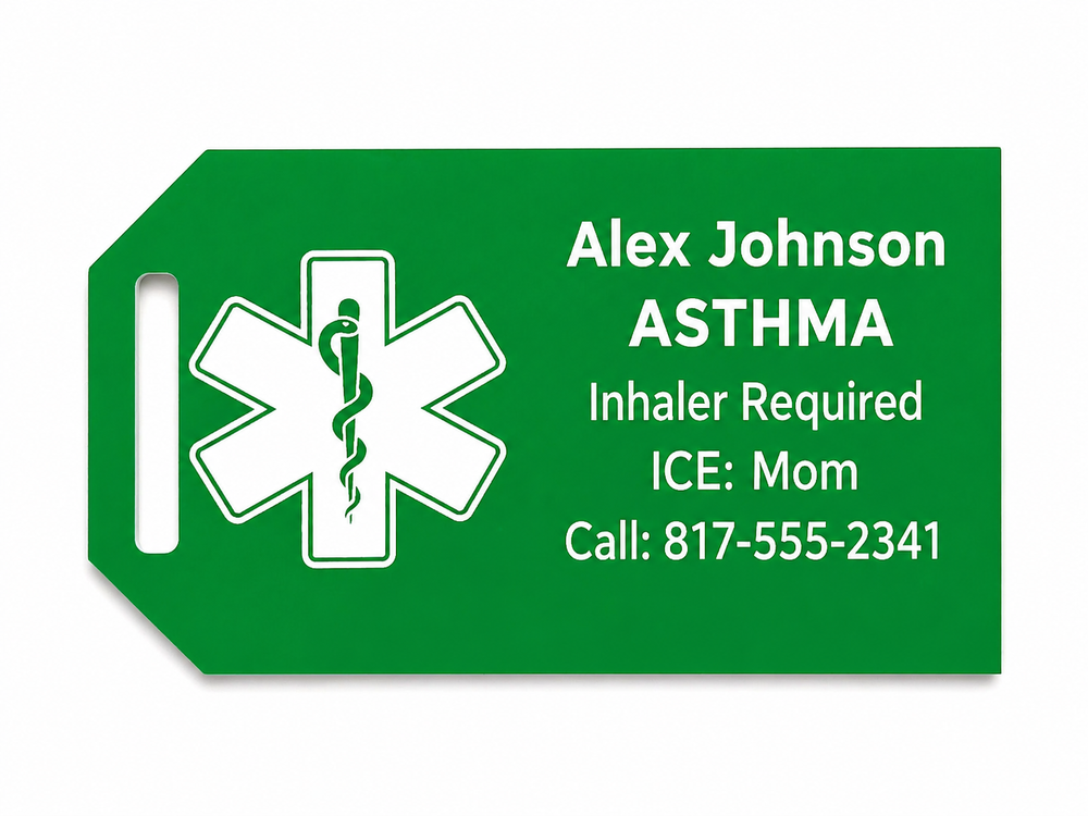 Green medical alert tag with emergency contact information on a white background