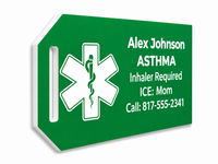 Green medical alert tag with emergency contact information on a white background