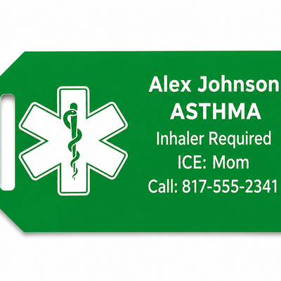 Green medical alert tag with emergency contact information on a white background