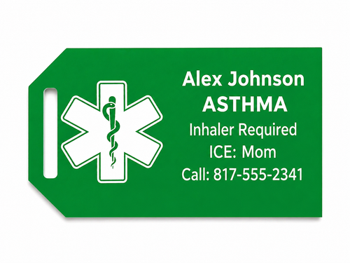 Green medical alert tag with emergency contact information on a white background