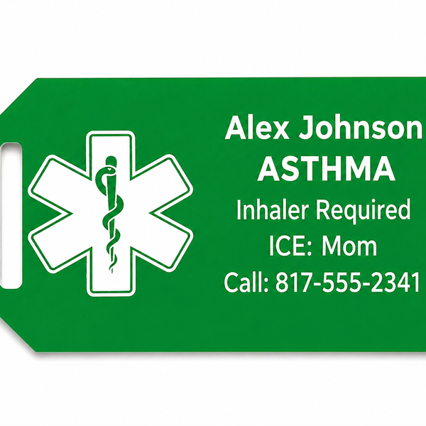 Green medical alert tag with emergency contact information on a white background