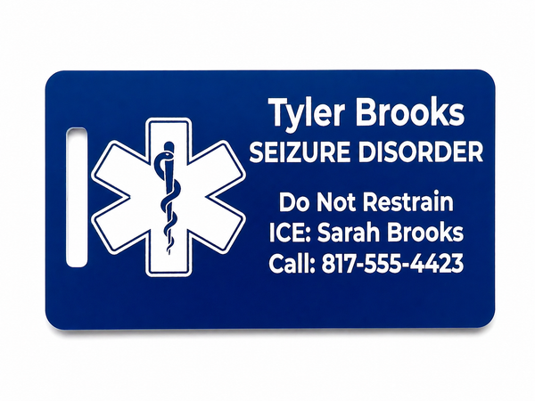 Blue medical alert tag with star of life symbol and personalized text on a white background