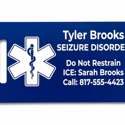 Blue medical alert tag with star of life symbol and personalized text on a white background
