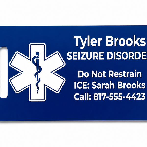 Blue medical alert tag with star of life symbol and personalized text on a white background
