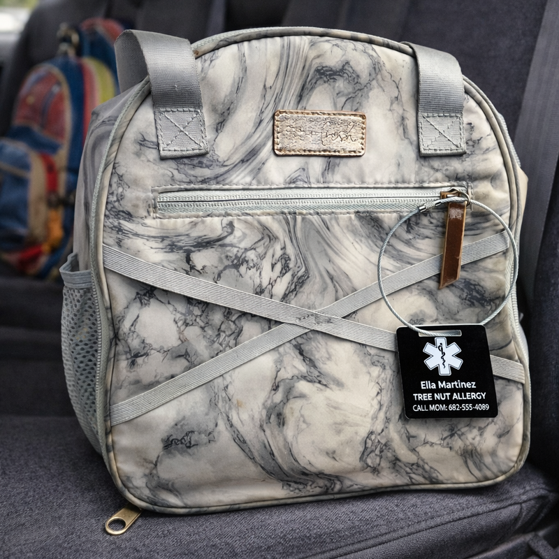 Marble-patterned backpack with an emergency contact tag on a dark surface