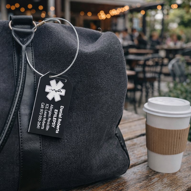 Black bag with a medical tag on a wooden table outdoors