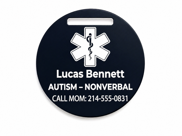 Black round medical alert tag with white text and symbol on a white background