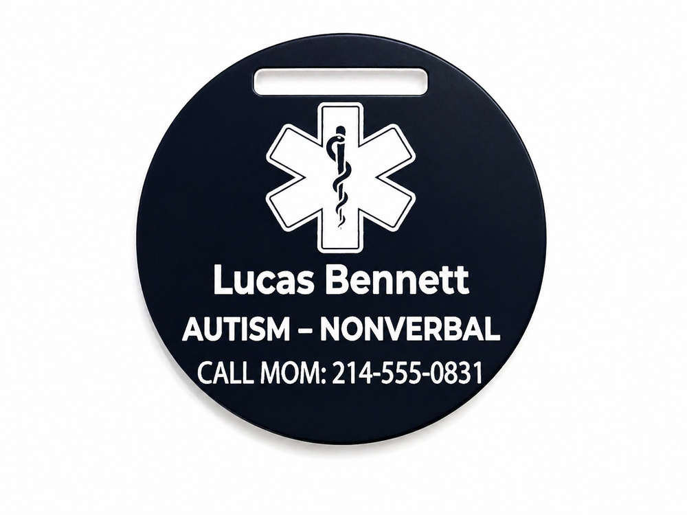 Black round medical alert tag with white text and symbol on a white background