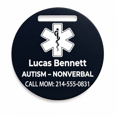 Black round medical alert tag with white text and symbol on a white background